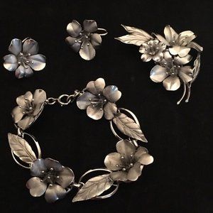 Vintage HSB Harry S. Bick 1940s Sterling Silver Brooch Bracelet Earrings Set 37g